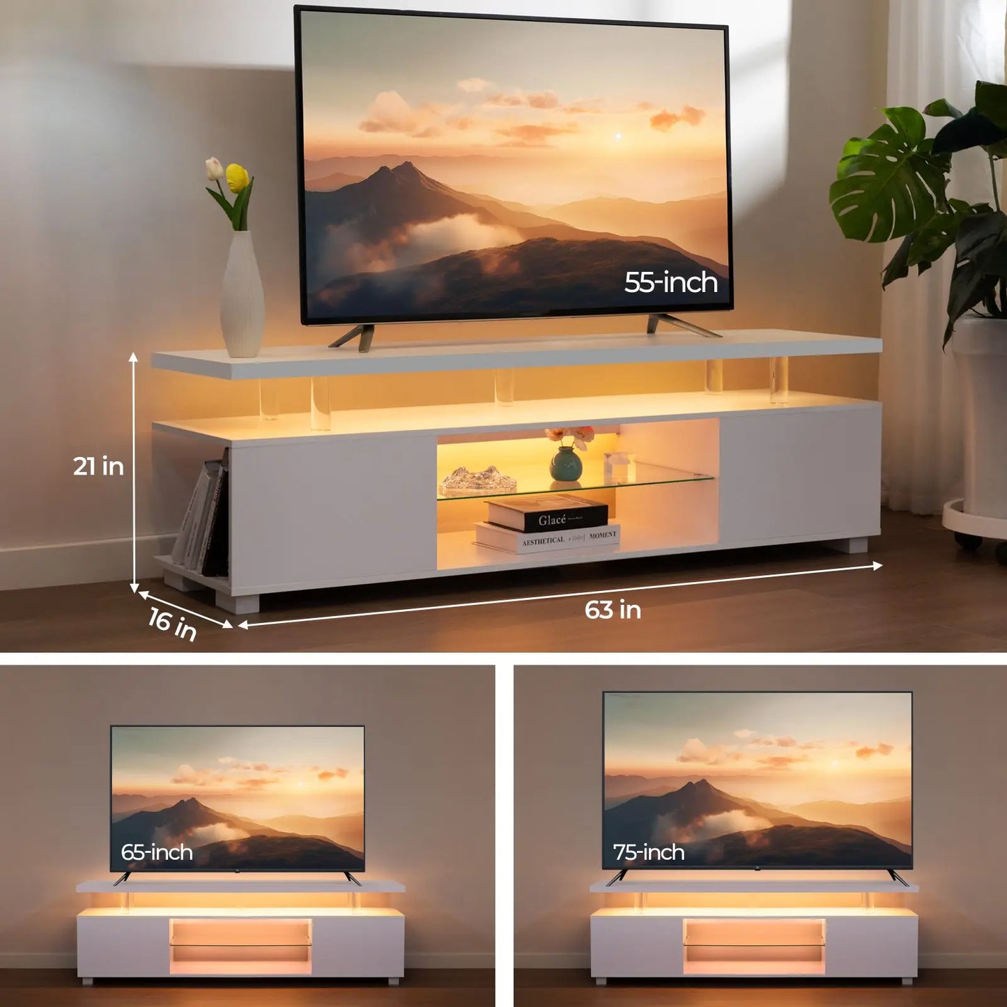 Cubehom LED TV Stand White Entertainment Center, Gaming Center for 60 65inch TV with Storage, TV Stands for Gaming Living