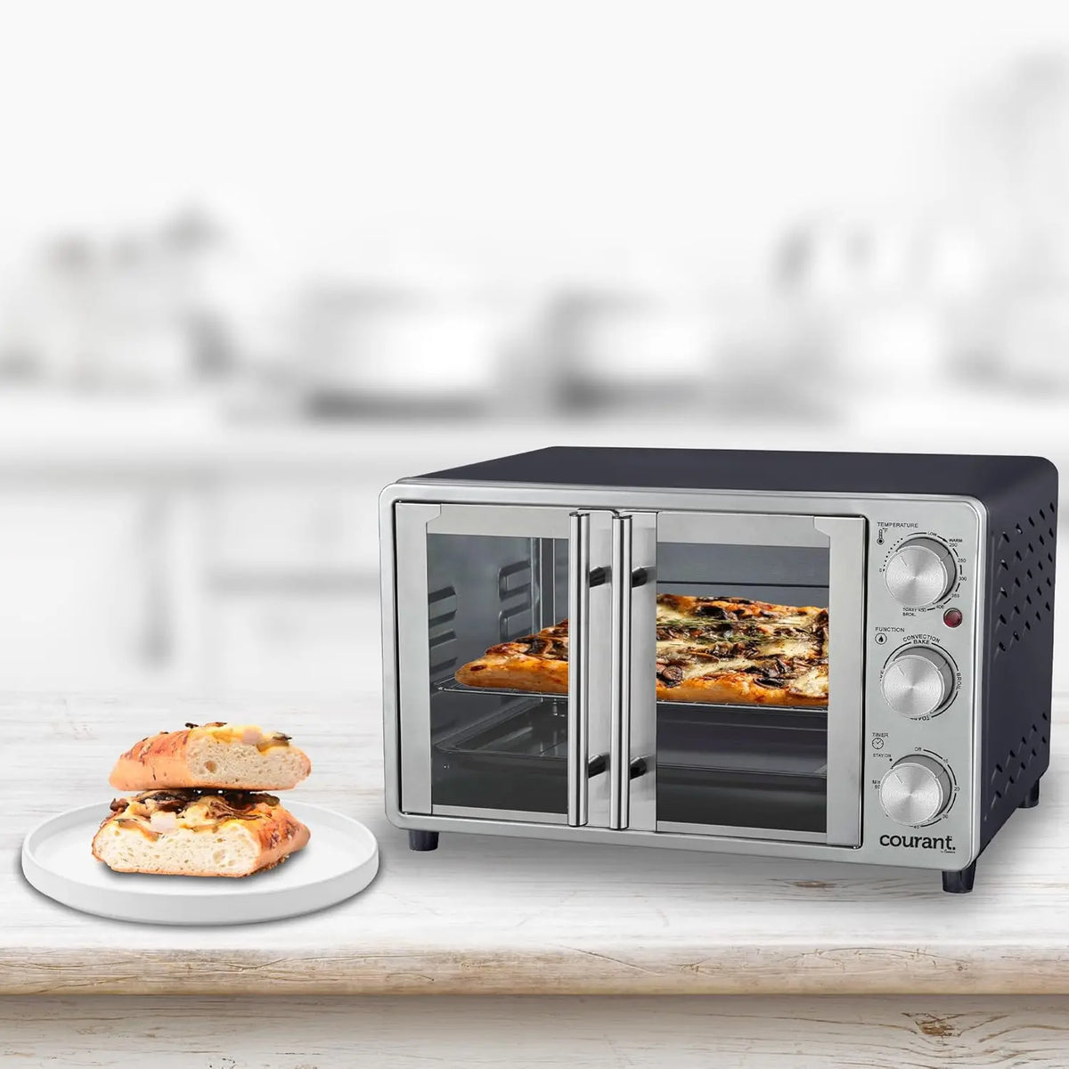 French Door Convection Toaster Oven & Broiler, Bake Broil Toast Oven, Fits 9x13’’ Aluminum Baking Pan, 6-Slices, 10’’ Pi