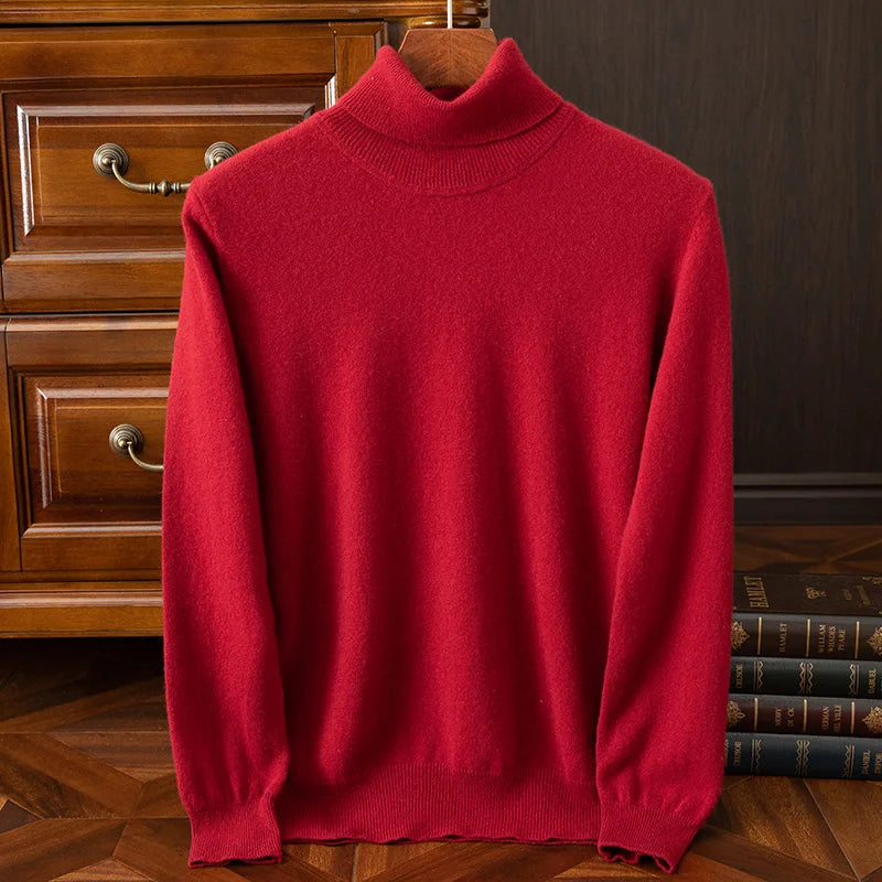Men 100% Merino Wool Sweater Turtleneck Knitted Pullover Cashmere Warm Solid Color Clothes Business Bottoming Tops Autumn Winter