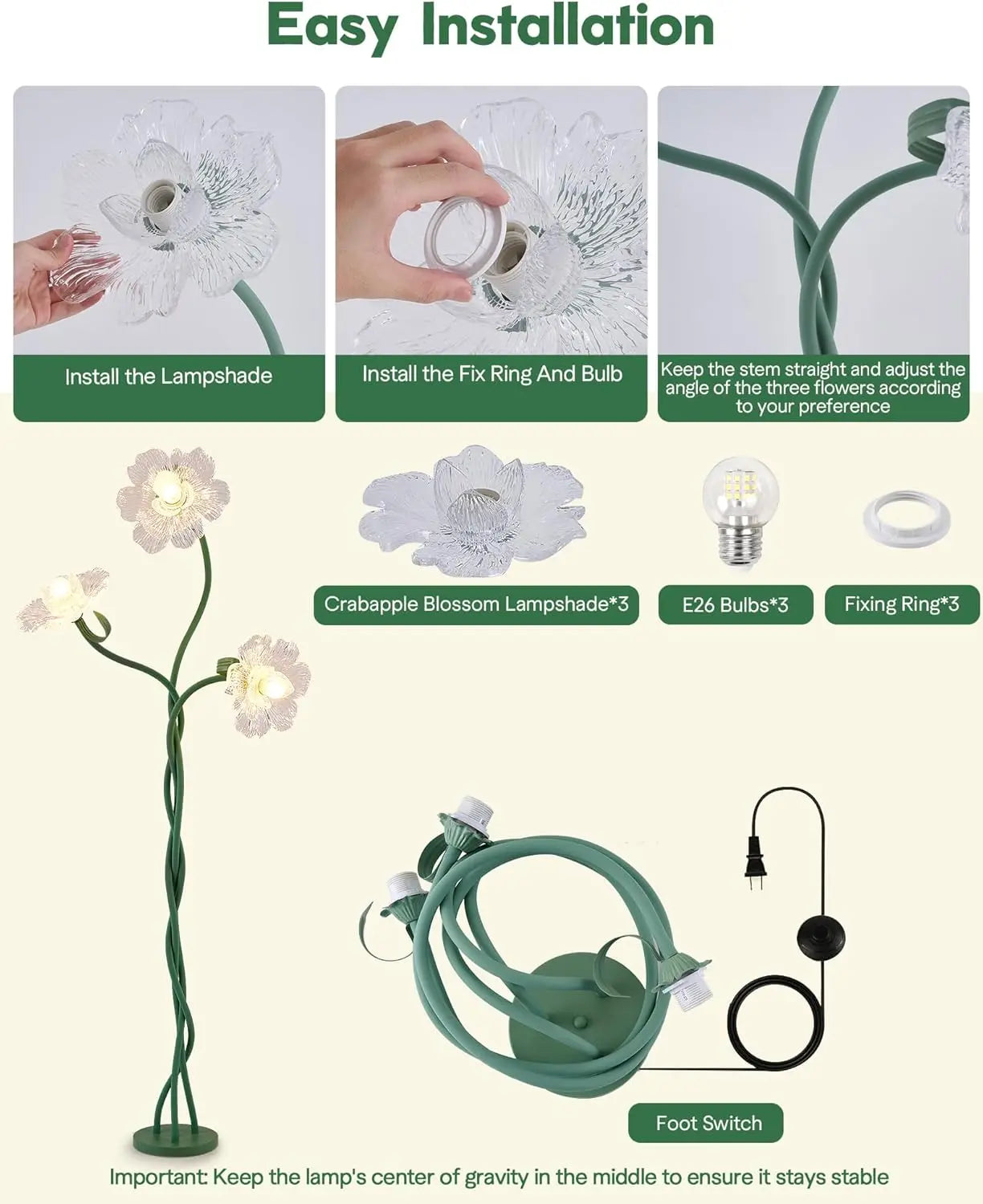 Flower Floor Lamp with Adjustable Gooseneck, 3-Color Temperature Standing Lamp for Living Room, Bedroom – Green