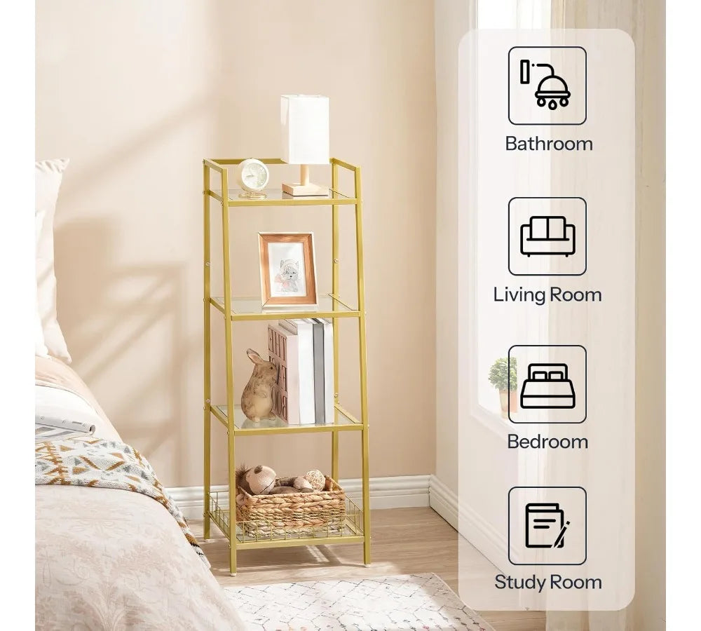 4-Tier Gold Glass Shelf Stand, Waterproof Bathroom Organizer with Tempered Glass, Floor Storage for Small Spaces