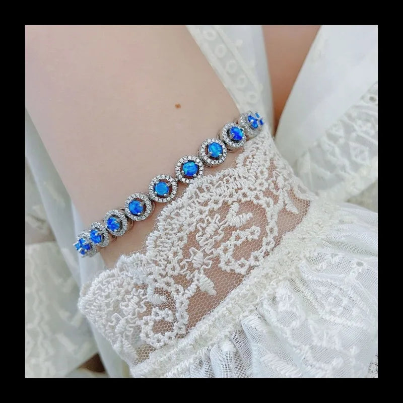 Accessories Small Round Bracelet with Diamonds Blue Opal Simple Hand Jewelry Fashion Versatile Silver Bracelet