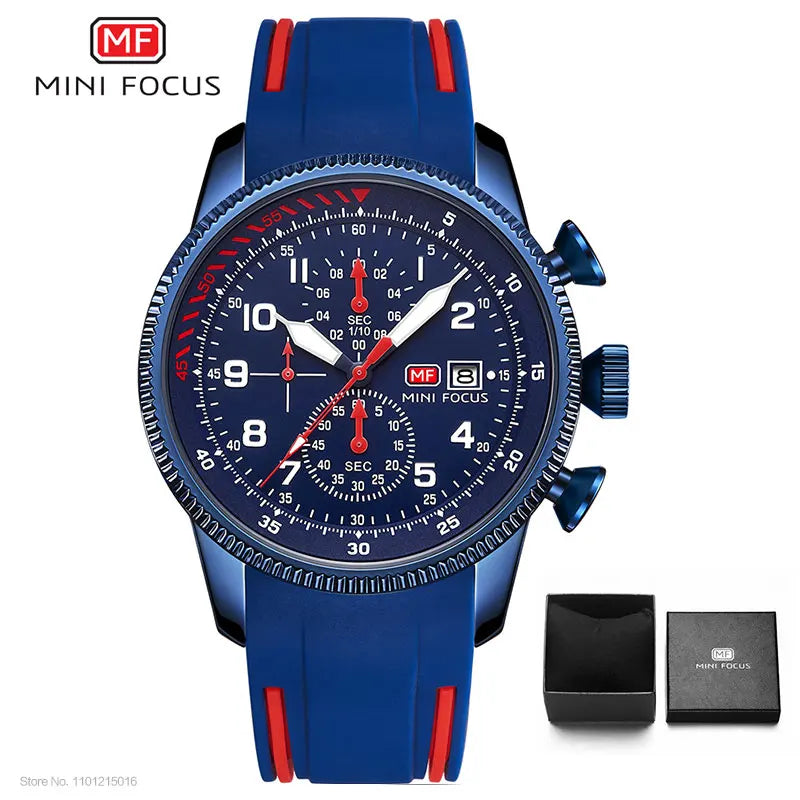 MINI FOCUS Military Sport Quartz Watch for Men Blue Silicone Strap Chronograph Luminous Wristwatch with Date Waterproof 0379