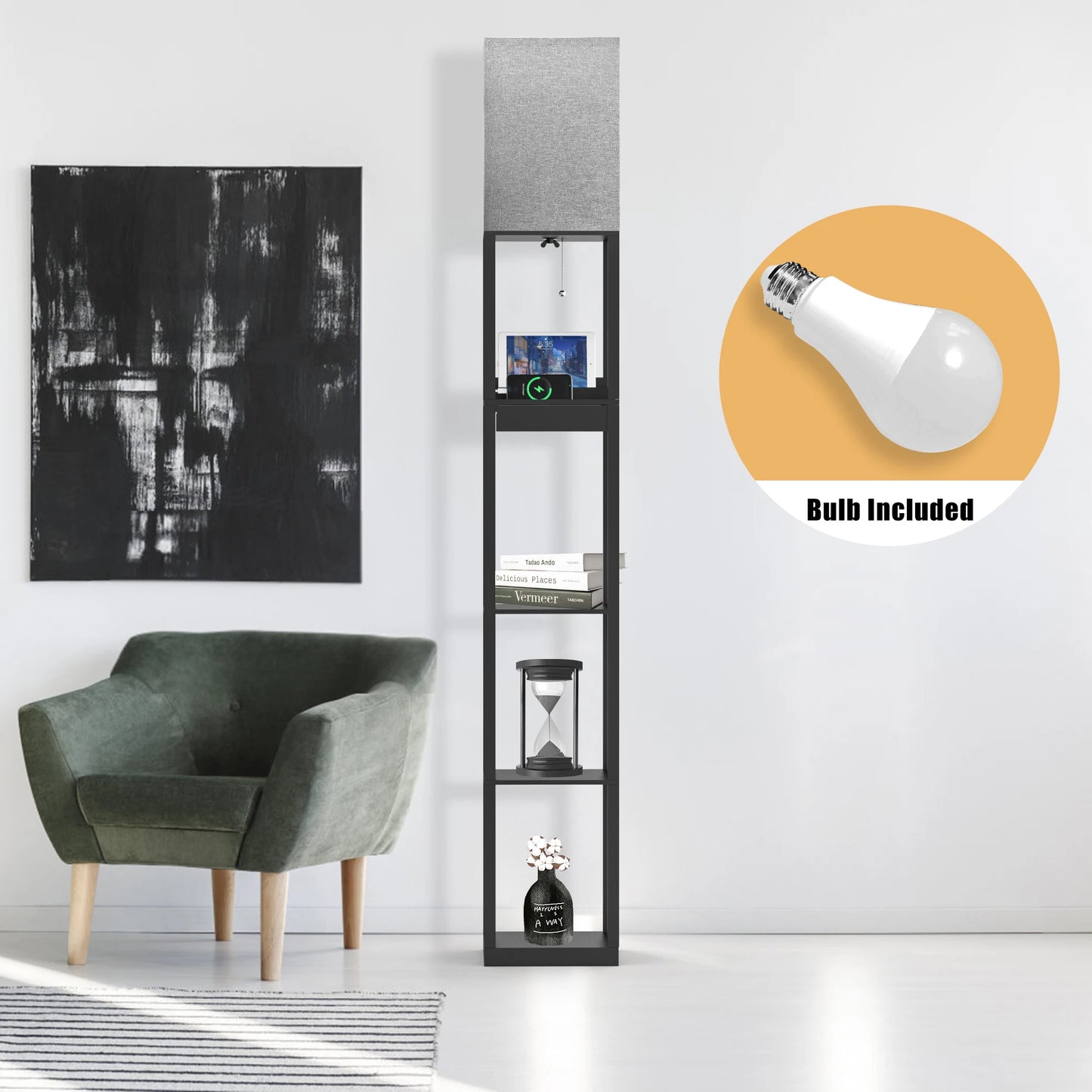 67" Column Floor Lamp with Shelves, Solid Wood, USB Ports, Storage Drawer and Bulb Included