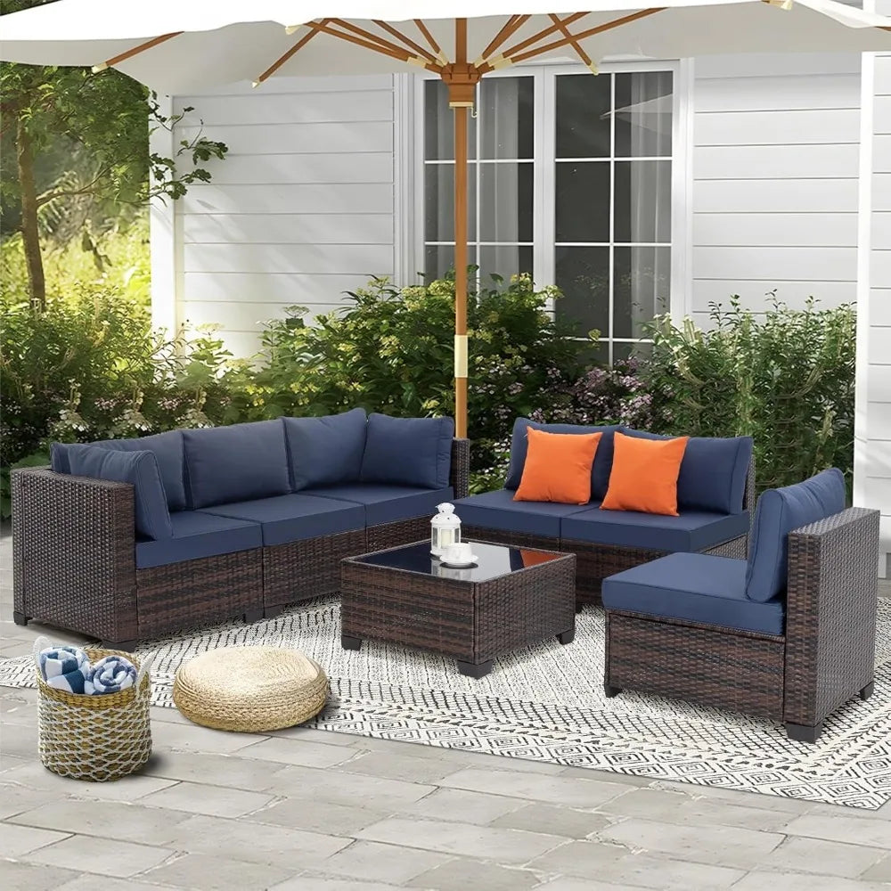 7 pieces outdoor patio furniture set, wicker sectional sofa set rattan modular patio conversation sets with cushions couch set &