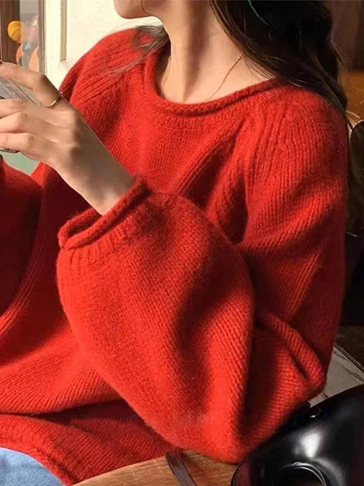 2025 Chic Solid Femme Sweater Pullover Loose Long Sleeve Women Sweater Korean Autumn Winter Jumpers Knitwear Soft Warm Tops