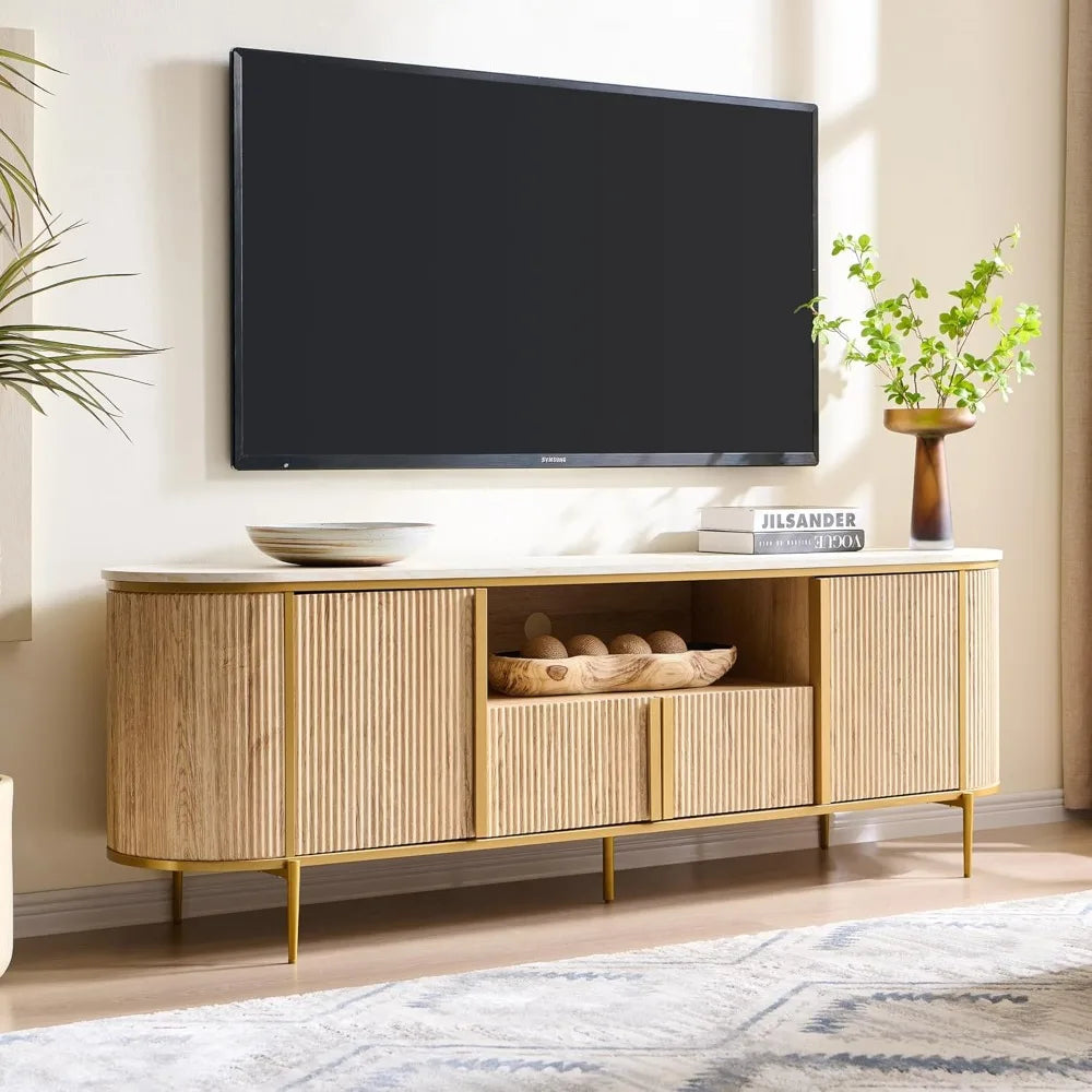 okd luxury 70" fluted tv stand, modern chic entertainment center for tvs up to 80 inches, tv console with faux marble top, curve