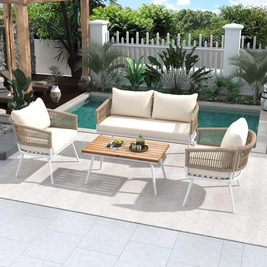4Piece Boho Rope Outdoor Patio Furniture Set with Acacia Wood Table for Backyard Porch Balcony Beige Stylish and Durable Rattan