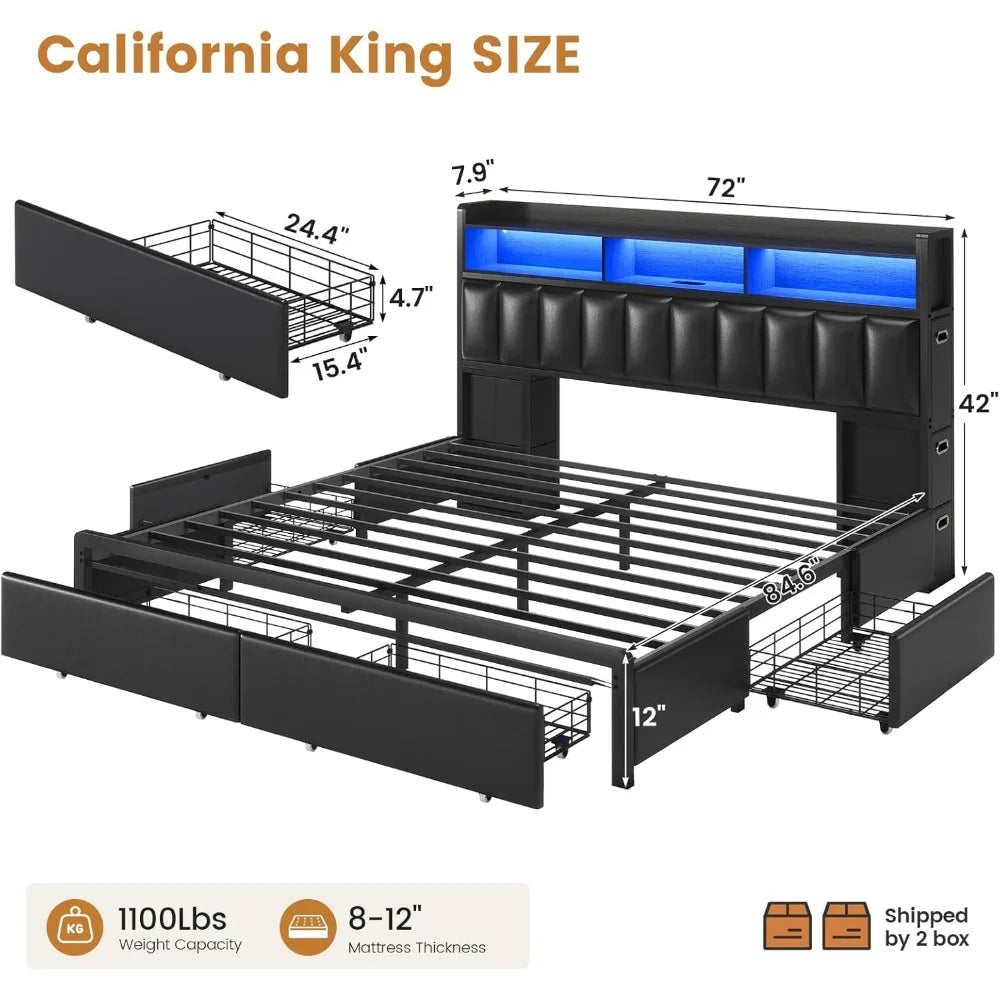 California King Bed Frame with 10 Storage Drawers, RGB LED Bookcase Headboard, and PU Upholstered Cal King Bed with Charging Sta