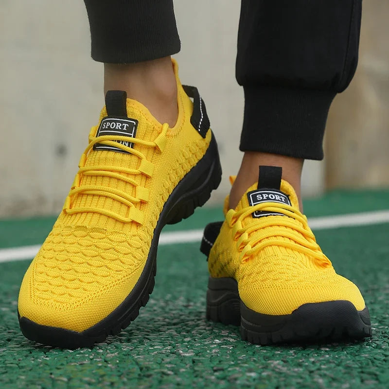 Men's Bright Yellow Outdoor Sneakers Breathable Mesh Construction Shock Absorbing Sports Shoes Stylish Trendy Adventure Footwear