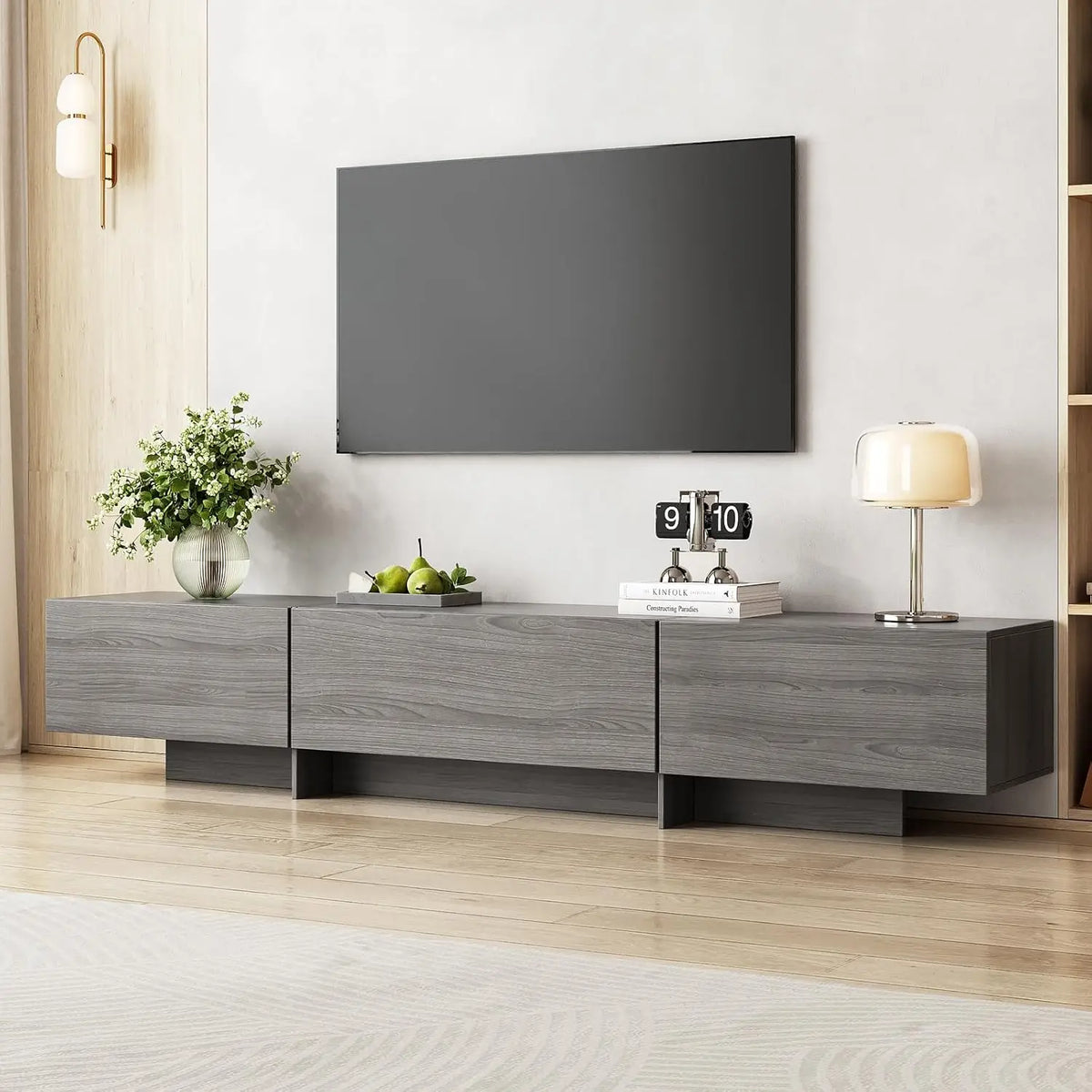 76.4'' Modern TV Console & Coffee Table Set, 4-Drawer Storage, Grey Oval Living Room Furniture