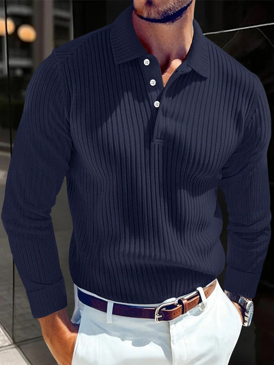 Men's Classic Long-Sleeved Polo Shirt Casual Lapel Button-Up T-shirt Soft Comfortable New Autumn Top with Elastic Pit Strip
