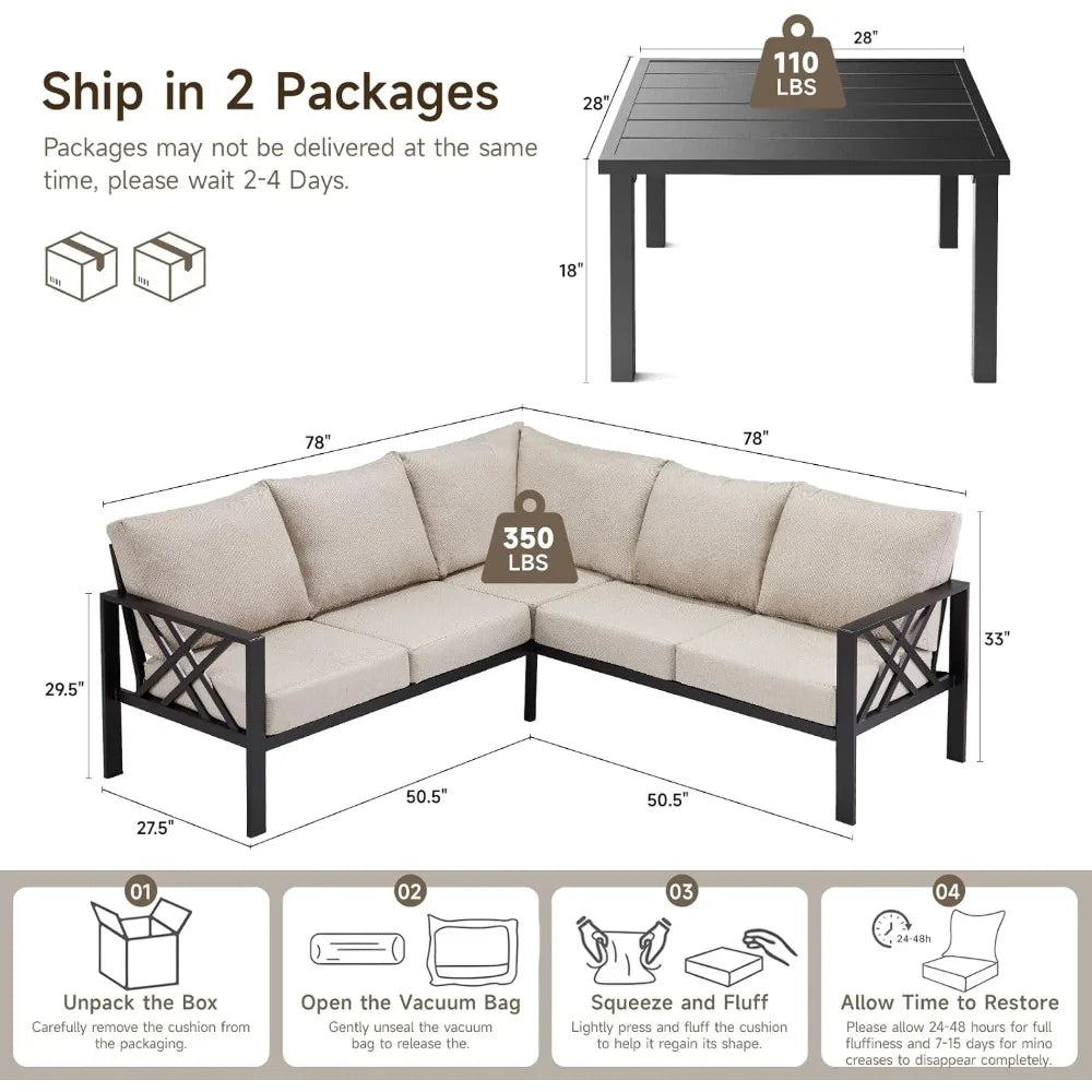 patio furniture set, 6-piece metal sectional furniture sofa with coffee table, l shaped outdoor couch with olefin cushion, highb