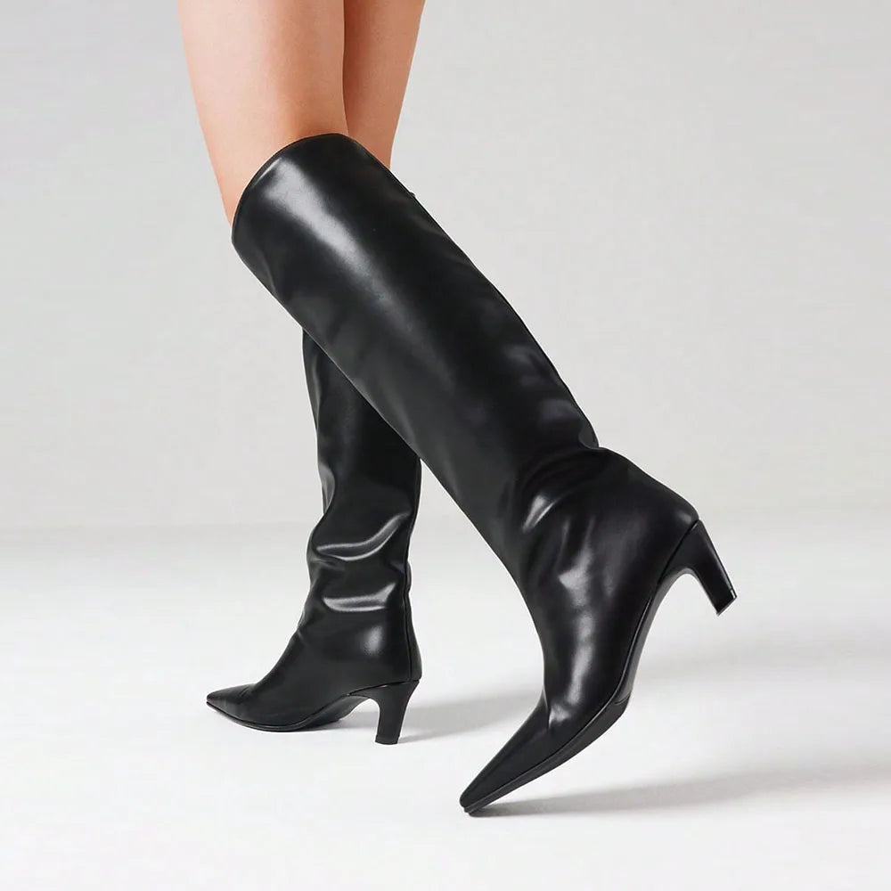 Stylish Women Knee High Boots Point Toe Kitten Med Heels Slip-On Sexy Party Street Wide Calf Boots For Woman Fashion Shoes
