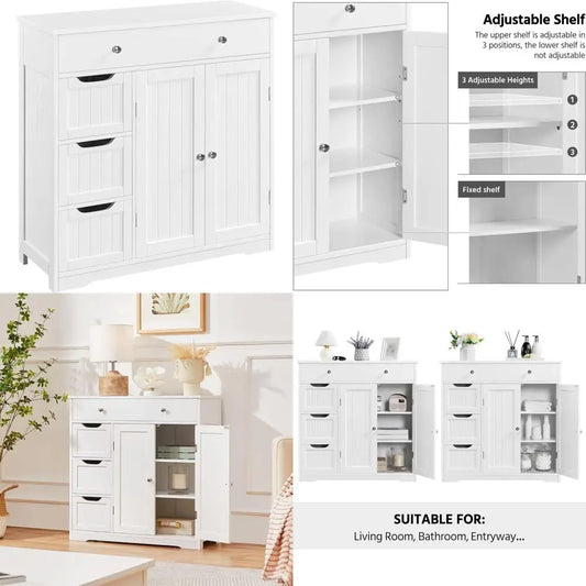large wooden bathroom floor cabinet with ample storage: featuring 1 large drawer, 3 small drawers, and 2 doors for organization