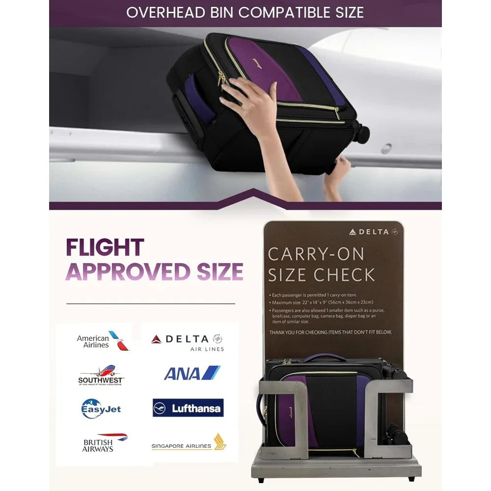 Airline Approved 20 Inch Softside Rolling Suitcase Set, 22x14x9 Inches, Carry-On Luggage with Wheels for Travel