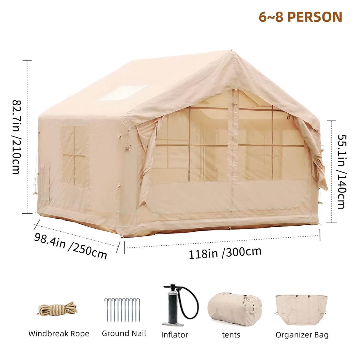 Inflatable Camping Tent, 4 Season Waterproof and Winderproof Air Tent, Easy Setup Luxury Glamping House for Family