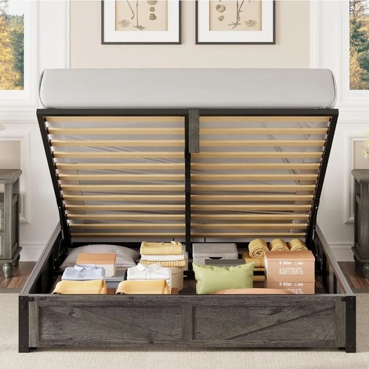 Farmhouse Style Queen Bed Frame with Lift Storage, Wooden Slat Support, Sturdy and Quiet, Easy Assembly
