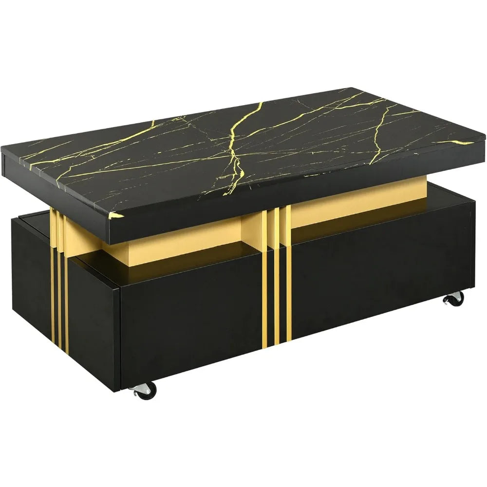 Coffee Table with Faux Marble Top, Modern Center Table with 2 Drawers & Caster Wheels, Contemporary Luxury Cocktail Table with