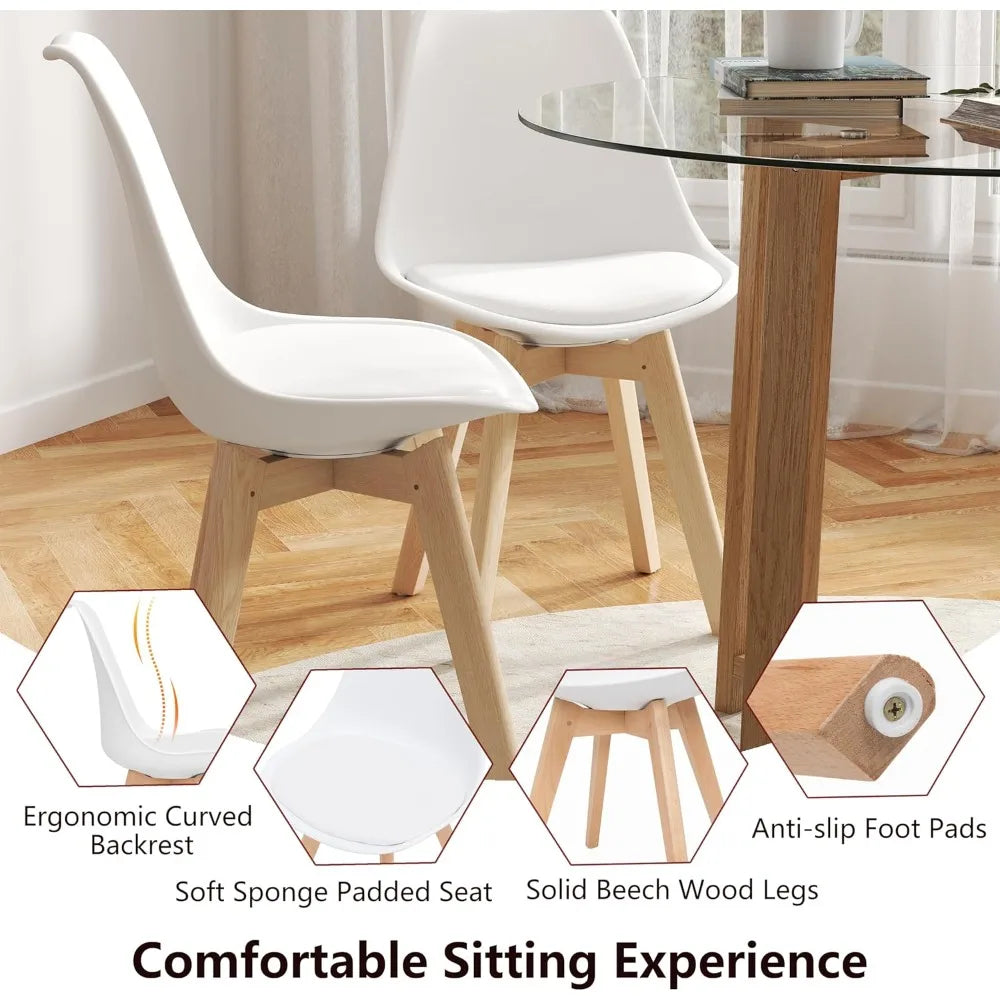 42 Round Glass Dining Table Set for 4-6, 0.3” Modern Tempered Glass Tabletop with 4 Padded Chairs, ModernTable and Chai