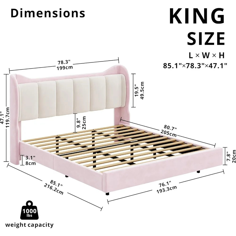 Velvet-Covered King Size Platform Bed Frame with LED Lighting, Headboard Included, Solid Wood Slat Support, No Box Spring Needed
