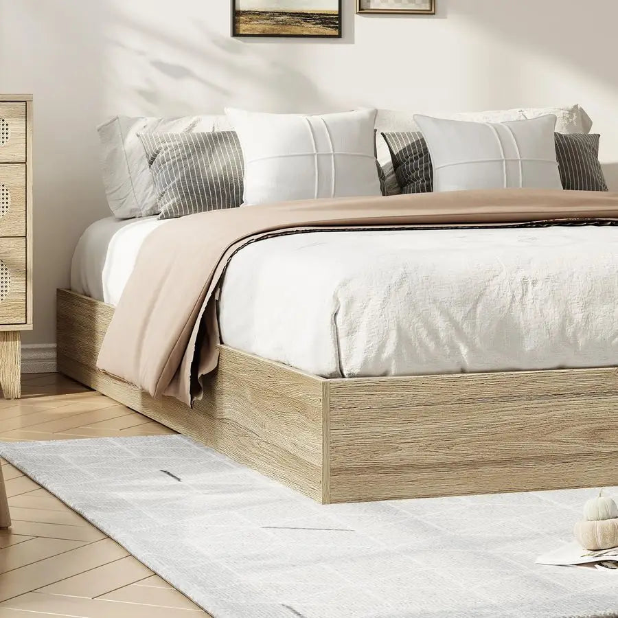 Full Size Wood Platform Bed Frame, Wooden Bed Frame Without Headboard, Wood Slat Support, No Box Spring Needed, Easy Assembly