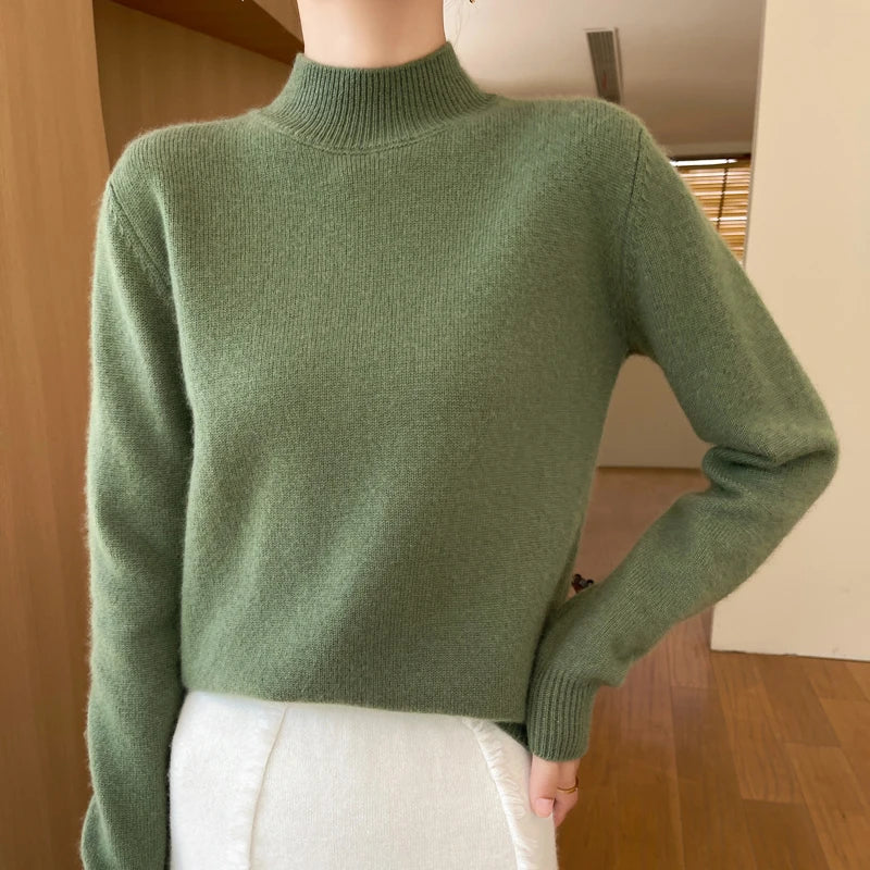 One Line Half Height 100% Andy Velvet Knitted Sweater For Women's Autumn And Winter New Top, Loose Long Sleeved Basic Style GH79