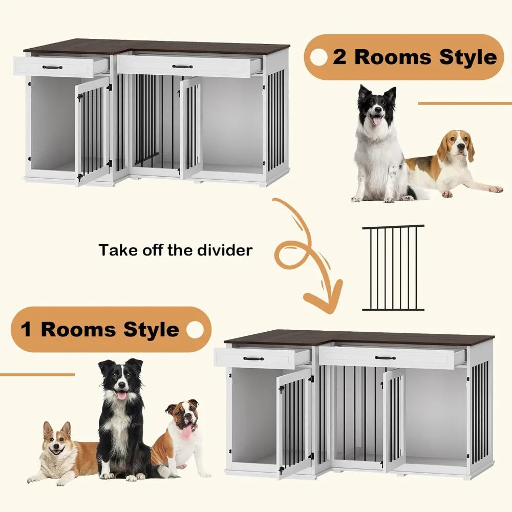 large corner dog crate furniture for 2 dogs, 59" indoor wooden furniture style dog kennel house with double rooms, drawers & rem