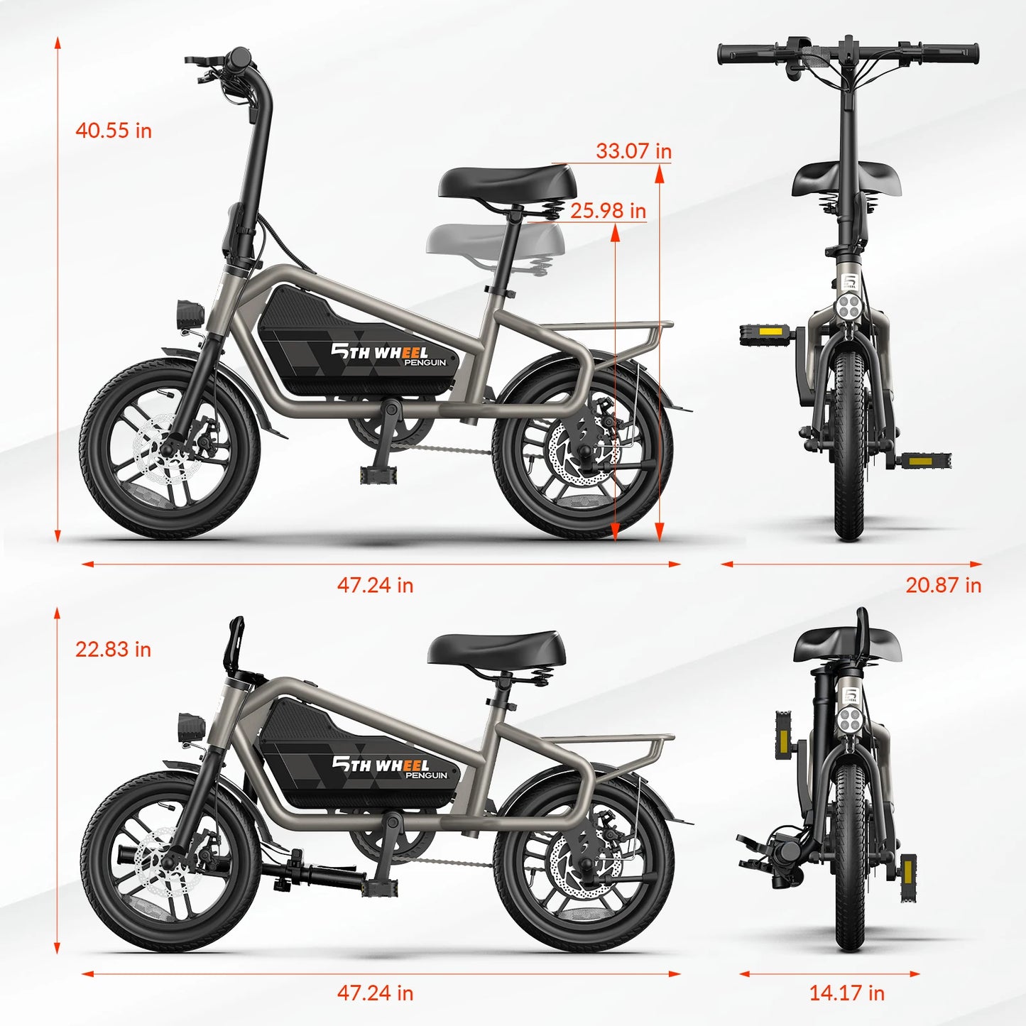 5TH WHEEL Foldable Electric Bike, 650W Peak Motor, 20MPH & 25Miles, 14" Pneumatic Tires for Commuting, Dual Disc Brakes