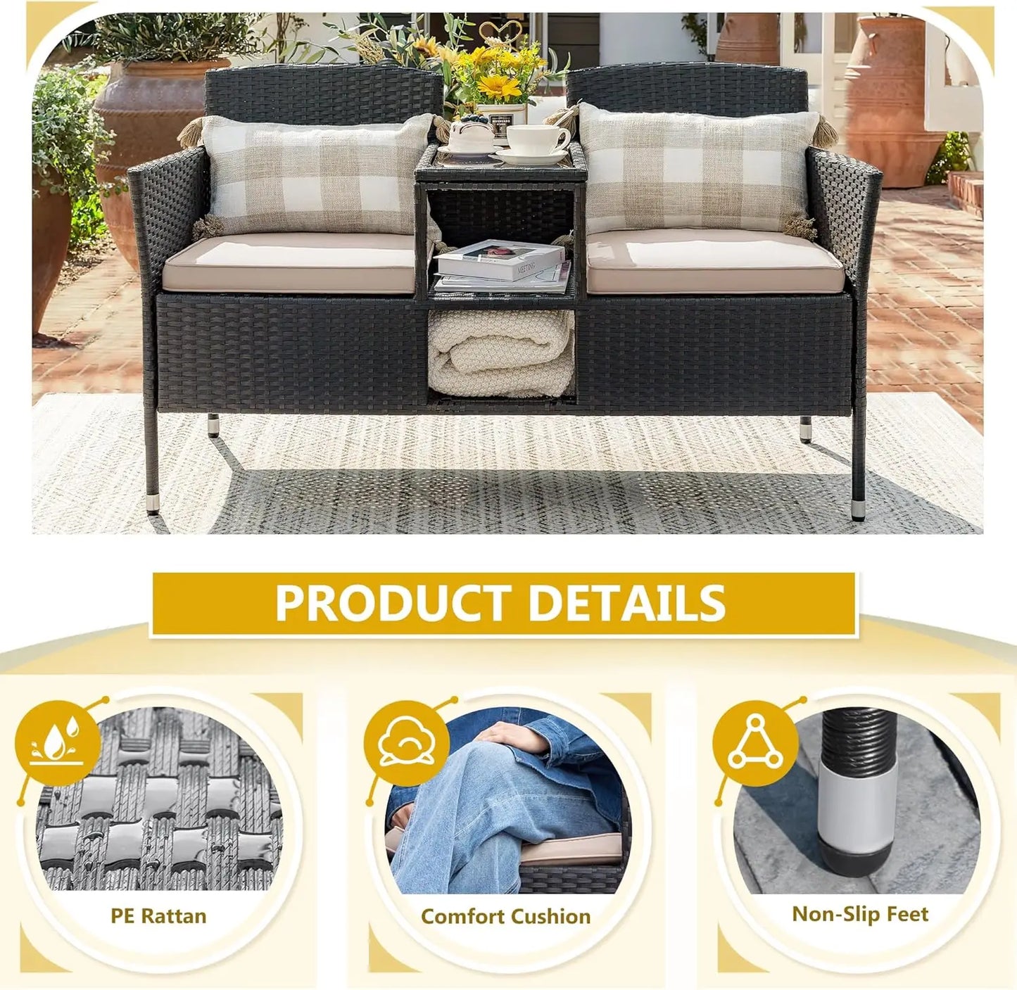 Outdoor Patio Loveseat Modern Rattan 2-Seat Patio Conversation Set with Cushions & Built-in Coffee Table Porch Furniture