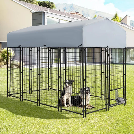 Heavy Duty Large Dog Kennel Playpen - 8x4x6 Ft Welded Wire Steel Dog Run Enclosure Crate Cage with UV-Resistant Roof