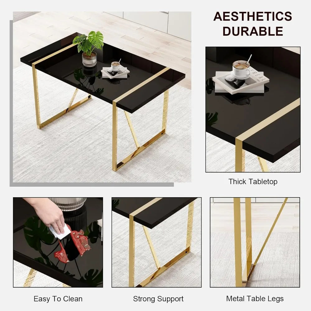 Gold 55 Dining Table Set for 4 with Black Leatherette Chairs and Black Wood Top