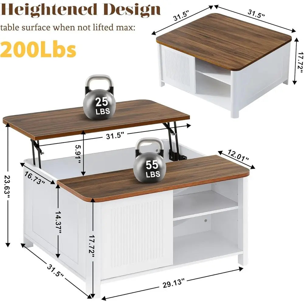 Mid-Century Modern Lift-Top Coffee Table with Storage, 31.5 Square, White, for Living Room with Hidden Compartment & Adjustable