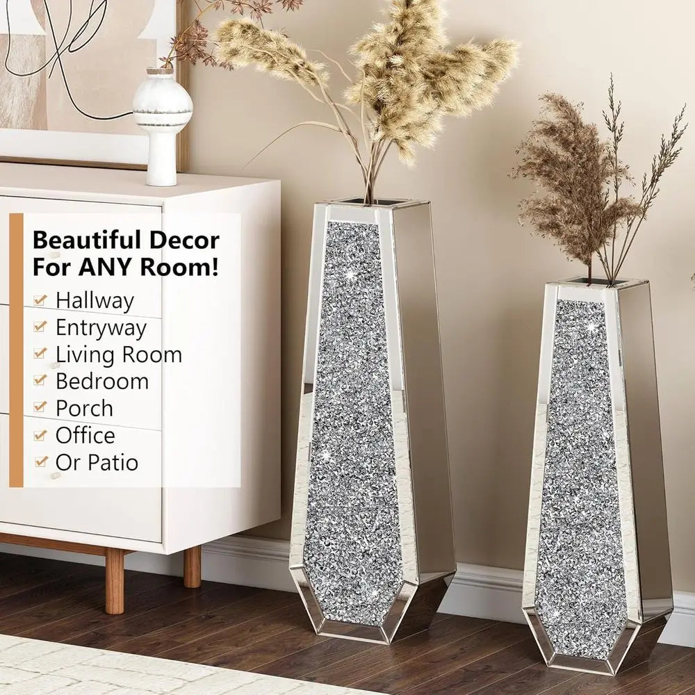 Large Crystal Glass Floor Vase with Crushed Diamond Mirror Effect, Silver Tall Decorative Vases for Living Room, Office, and Hom