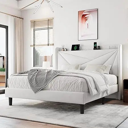 Queen Size Bed Frame with Upholstered Headboard, Storage and Charging Station, Wood Slat Support