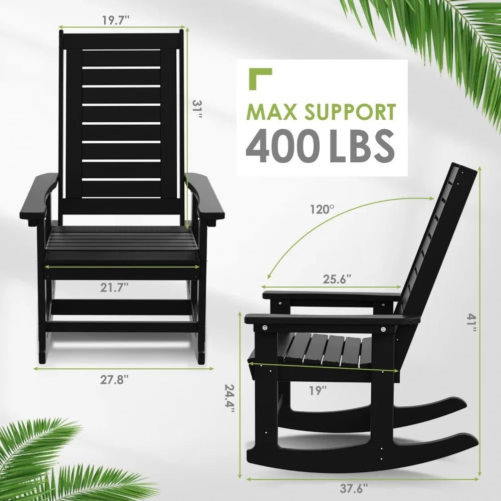 Outdoor Rocking Chairs Set of 2 Porch Rocker  HDPE Plastic Oversized Rockers High Back  Big & Tall Ladder Back for Patio Outside