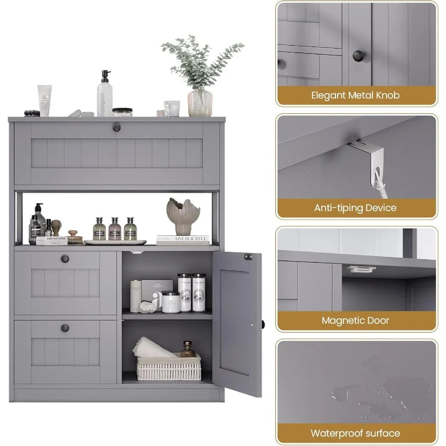 Modern freestanding bathroom cabinet with 1 door and 3 drawers for floor storage ideal for organizing kitchen or living room es