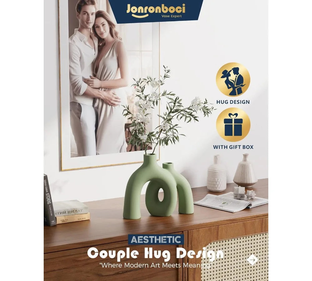 Modern Nordic Boho Ceramic Vase Set - Sage Green Home Decor for Living Room Shelf, Bookshelf, Entryway