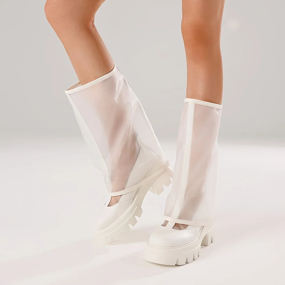 Women's Mesh Knee High Boots Fashion Platform Chunky High Heels Pull on Casual Comfy Boots Woman