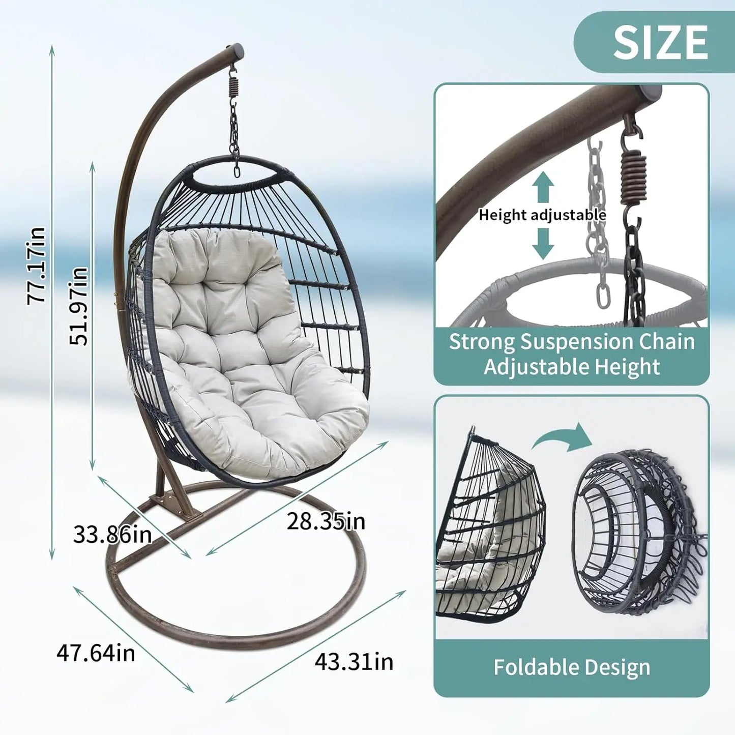 Hanging Egg Chair with Stand, Wicker Hammock Chair, Patio Swing, Foldable Basket, 350lbs Capacity for Indoor/Outdoor, Patio, Dec