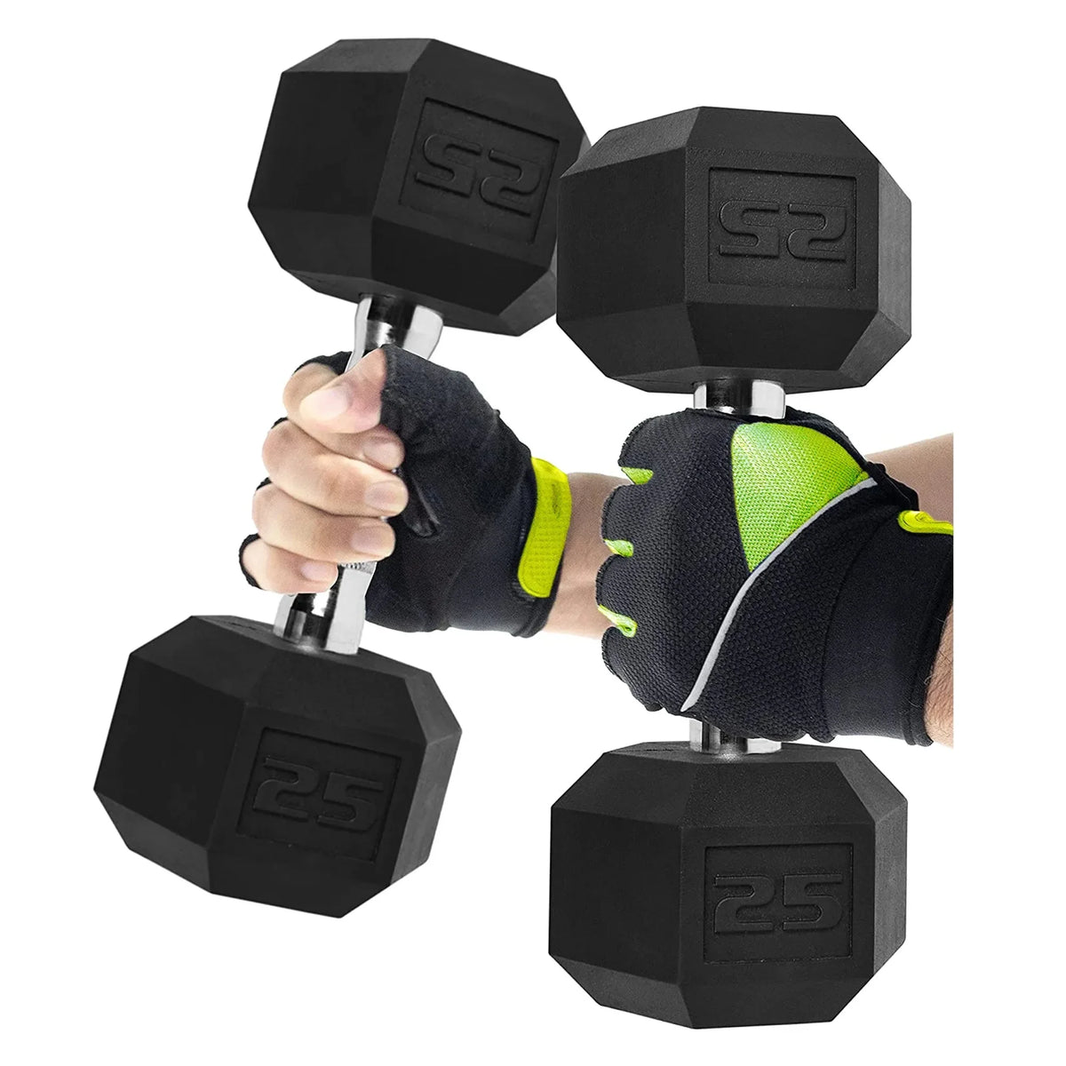 Rubber Hex Dumbbell Set 50lb Total, 2x25lb Non-Slip Weights for Safe Home Workouts, Strength & Fitness Training