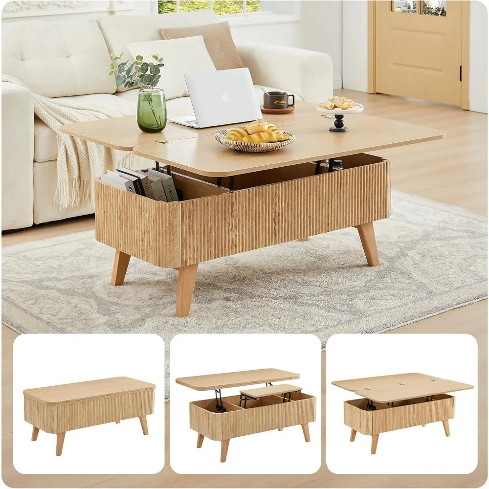 3 in 1 Lift Top Coffee Table, Fluted Convertible Coffee Tables Converts to Dining Tables, Modern Oval Wooden Center Table with S