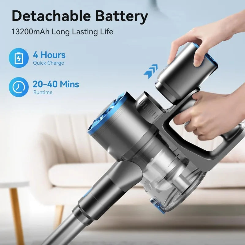 Vazone Cordless Vacuum Cleaner, Lightweight Stick Vacuum Cleaner with Self-Standing, Rechargeable Battery and LED Display, Blue