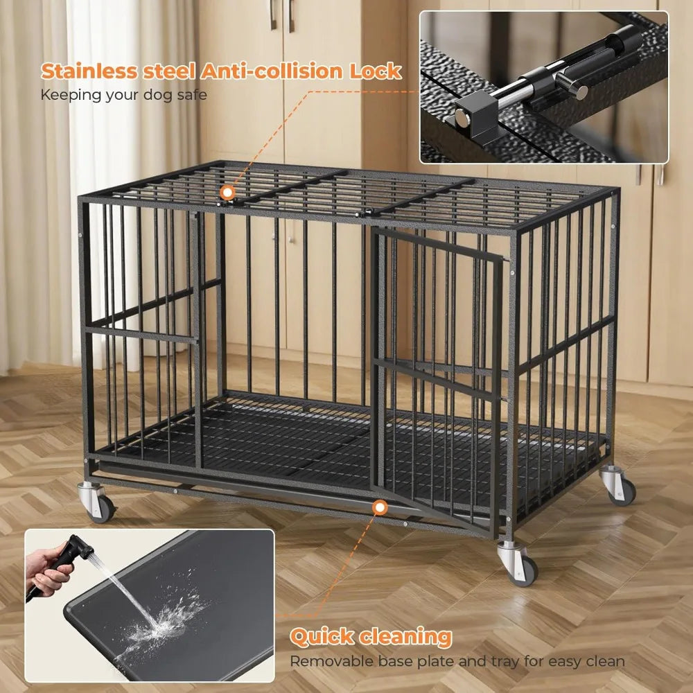48 Inch Heavy Duty Dog Crate Steel Escape Proof, Indoor Double Door High Anxiety Cage, Removable Tray, Kennel with Wheels
