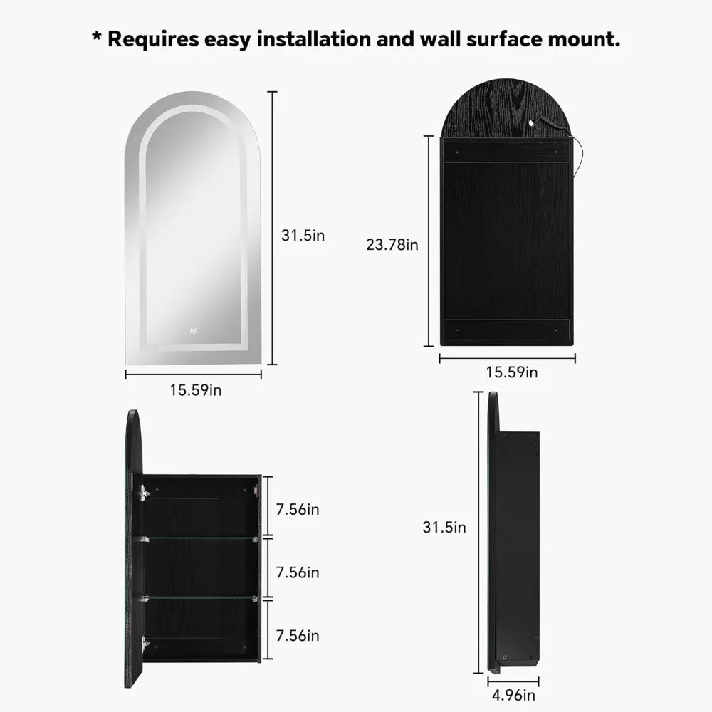 LED Illuminated Arched Medicine Cabinet, Wall-Mounted Black Mirrored Bathroom Storage