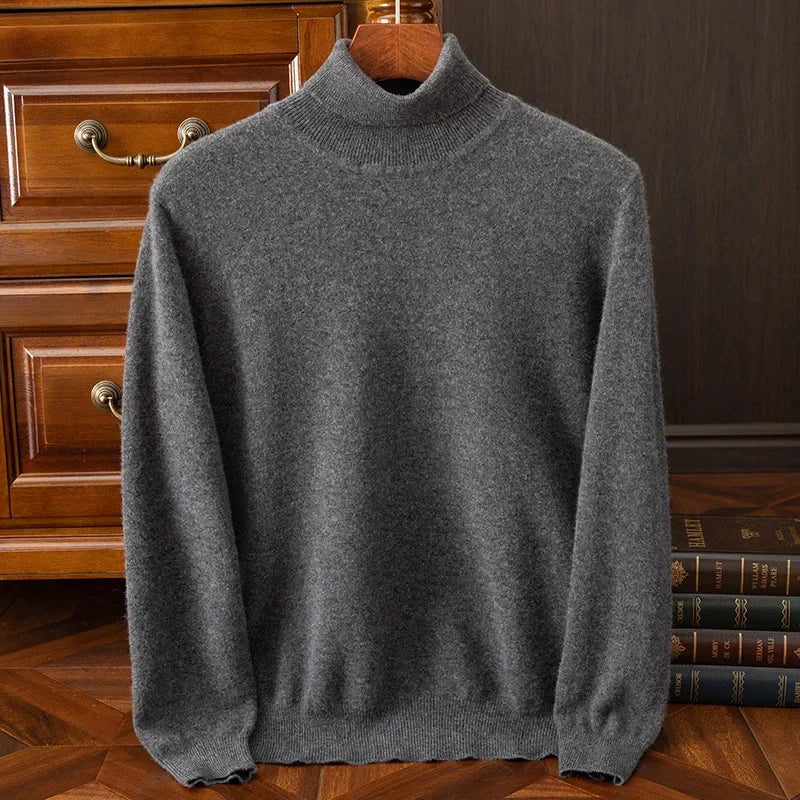 Men 100% Merino Wool Sweater Turtleneck Knitted Pullover Cashmere Warm Solid Color Clothes Business Bottoming Tops Autumn Winter