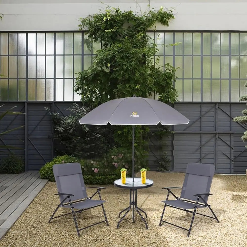 Outdoor Dining Set with Umbrella, 4-Piece Patio Furniture, Grey Glass Table & Folding Chairs