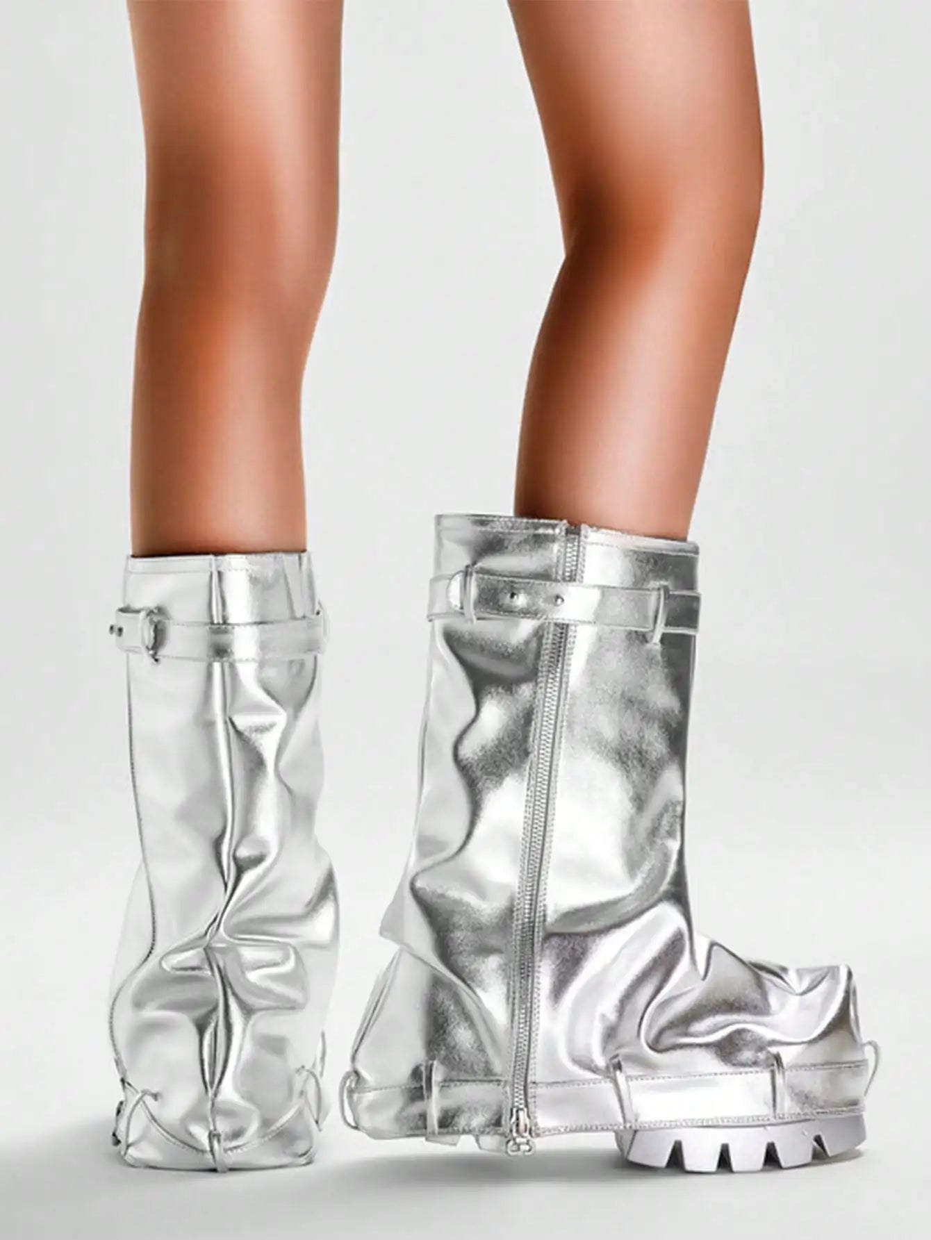 Metallic Fashion Women Fold Over Boots Chunky High Heels Mid Calf Platform Punk Gothic Fashion Motorcycle Shoes Woman