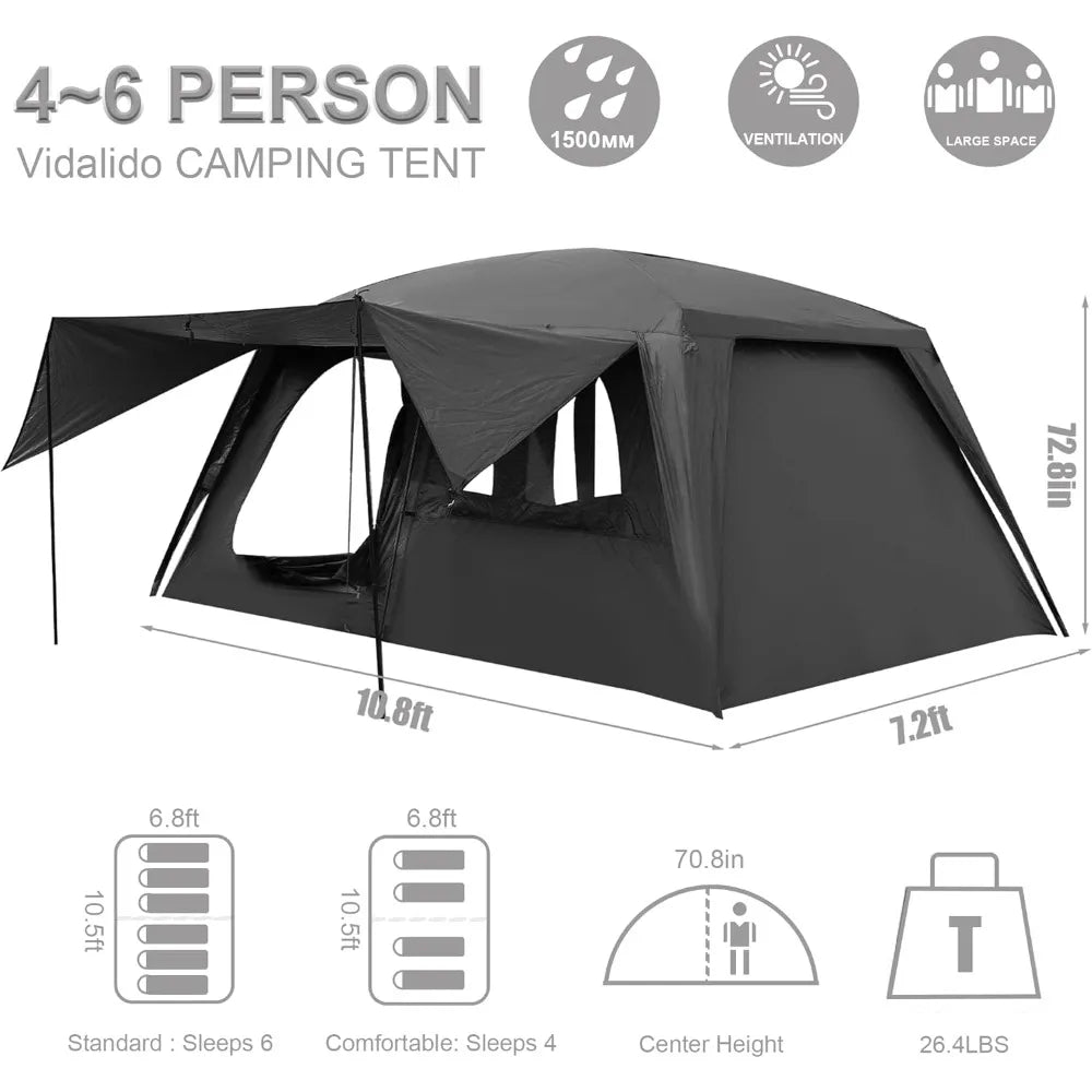 Large Family Cabin Tent for 4-6 People: 3 Door, 2 Room, Double Layer Waterproof, Portable Glamping Tent