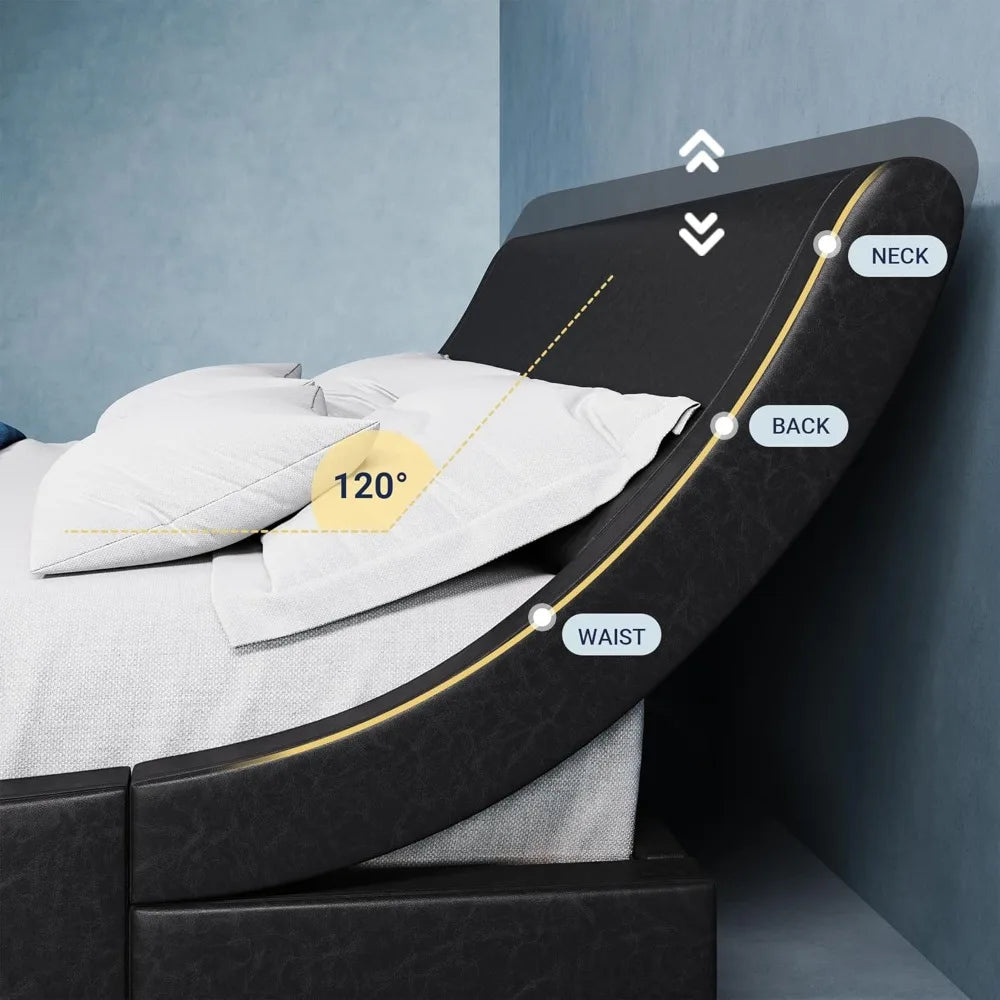 Allewie Upholstered Queen Size Platform Bed Frame Modern Low Profile Sleigh Bed with Faux Leather Adjustable Headboard, Wood Sla